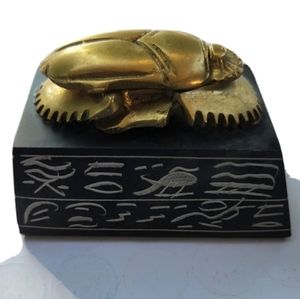 Brass / Bronze Egyptian Scarab Beetle Paperweight with Black Hieroglyphics Stand